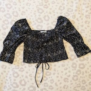 Puff Sleeve Shirred Ruched Black and White Polka Dot Cropped Blouse Tie Front S